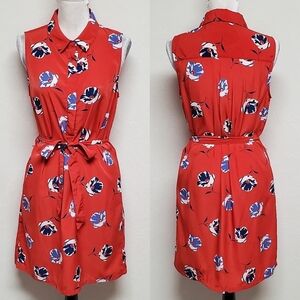 Banana Republic Orange Blue Floral Sleeveless Button Up Tie-Waist Mini Dress 10